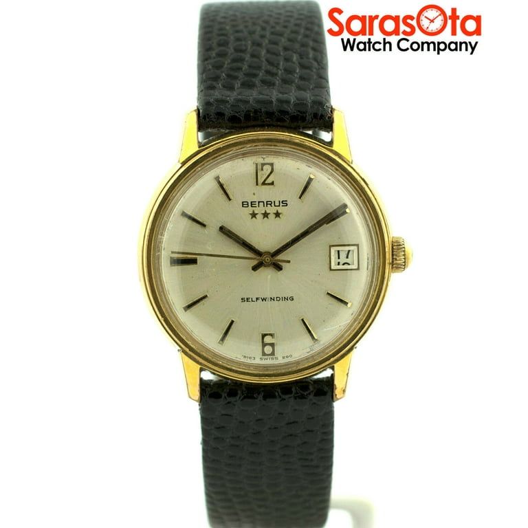 Vintage Benrus 20 Micron Electroplated Bezel Black Leather