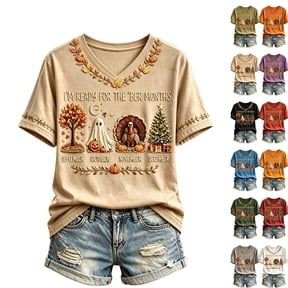 Vintage Ber Months Graphic V-Neck T-Shirt for Women, Short Sleeve Fall Halloween Thanksgiving Christmas Casual Holiday Top,L,Beige