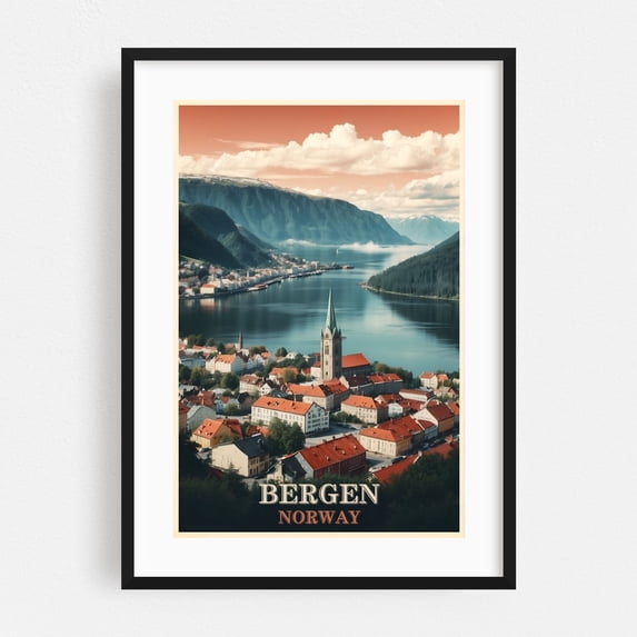 Vintage Bergen Illustrations: Captivating Norwegian Charm - Bergen Vestland Norway Illustration Black Framed Wall Art Print 12 x 18 inches