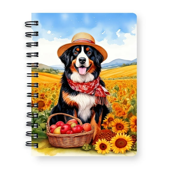 Vintage Bernese Mountain Dog Says Hello Mother's Day Summer Sunflower Field Spiral Bound Journal Berner Lover Gifts 5x7in Spiral Notebook - 12005