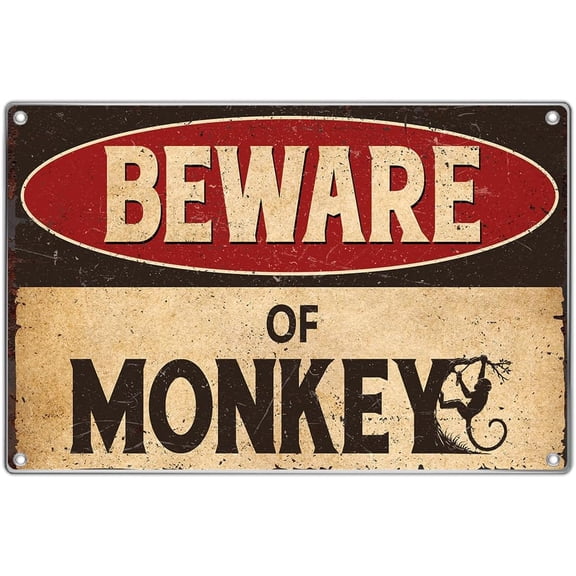 Vintage Beware Of Monkey Metal Sign Funny Warning Wall Decor 12 x 8 Inch Retro Tin Plaque For Man Cave Garage Home Bar Yard Art Outdoor Aluminum Indoor Kitchen