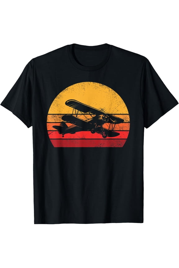 Vintage Bi-Plane Aviator Funny Pilot Biplane Airplane Outfit T-ShirtMen and women, Black T-shirt, size: Extra large