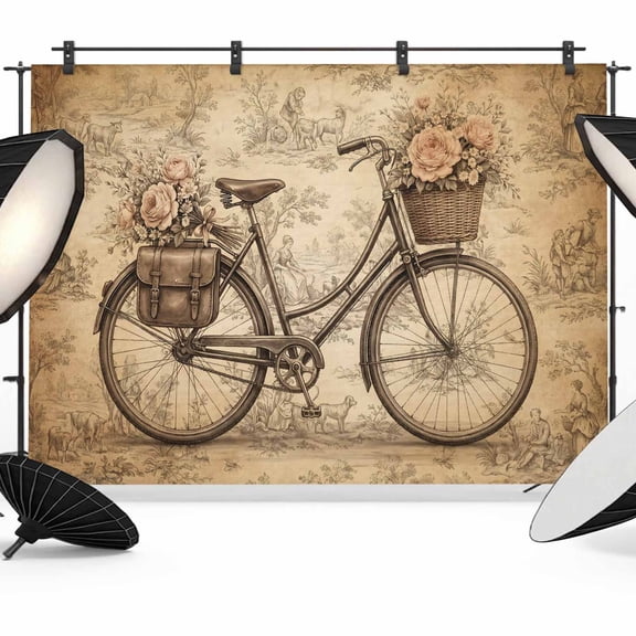 Vintage Bicycle Backdrops for Photography, Retro Flower Basket Pannier Bag Rural Scene Fabric Photo Background Sturdy Studio Props for Photo Studio, Video Recording, Booth & Photoshoot 7x5ft