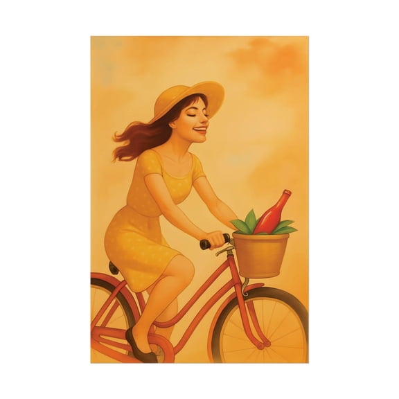 Vintage Bicycle Print, Summer Kitchen Wall Art, Retro Cocktail Decor, Woman Riding Bike Print Home Decor #1273, Unframed Canvas Size 12x18