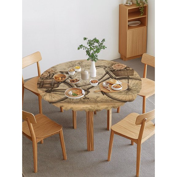 Vintage Bicycle Round Fitted Tablecloth with Elastic Edge, Retro Flower Basket Pannier Bag Rural Scene Waterproof Stretch Table Covers for 36"-44" Tables Wipeable Table Cloth for Outdoor