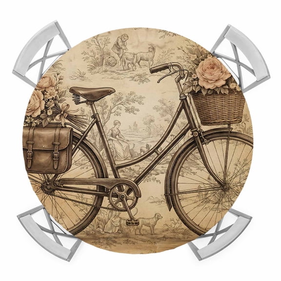 Vintage Bicycle Round Table Cover, Retro Flower Basket Pannier Bag Rural Scene Waterproof Fitted Tablecloths for 36"-44" Tables, Washable Picnic Table Cover for Camping Dining Indoor Outdoor