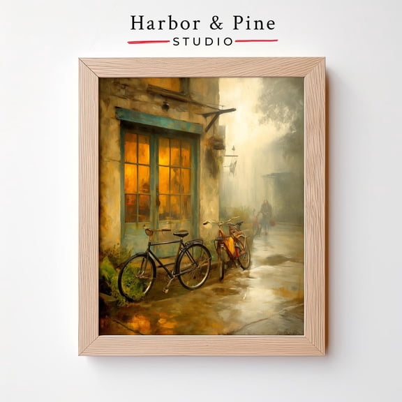 Vintage Bicycles By Rustic Shopfront Cozy Rainy Street Home Decor Office Wall Art
