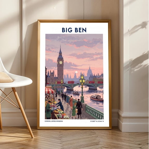 Vintage Big Ben Poster: Retro London Travel Art Print, Unframed Canvas Size 16x24
