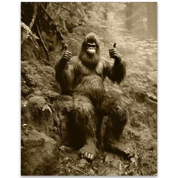 Vintage Big Foot Sasquatch Posing for Photo Friendly Smile With Two Thumbs Up Funny Photograph Art PosterIs It Real - Weird, Bizarre, Strange, Oddities, Unusual, Freaky,