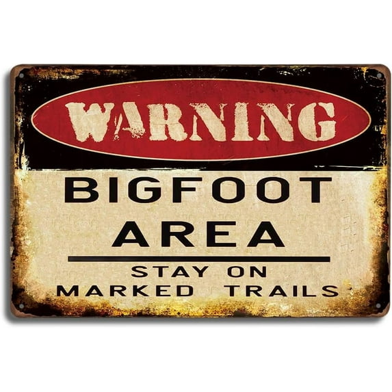 Vintage Bigfoot Warning Metal Tin Sign 12x8 Inch - Rustic Wall Decor for Outdoors, Camping & Hiking Enthusiasts, Mythical Creature Sasquatch Area Signage, Unique Gift for Cryptozoology Fans