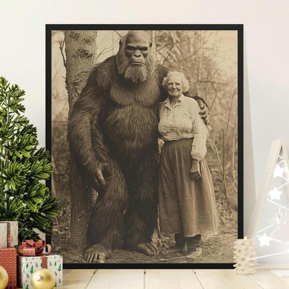 Vintage Bigfoot with Granny Poster Old Time Forest Encounter Art Retro Cryptid Wall Decor Unique Bigfoot Illustration Print Sasqautch