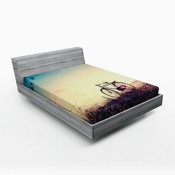 Ambesonne Vintage Fitted Sheet, Sunset Bicycle Pastel, Queen Size, Pale Blue Black and Peach