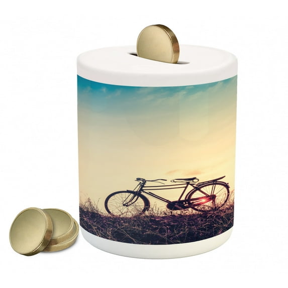 Vintage Bike Piggy Bank, Retro Filter Sunset and Bicycle in Pastel Tones Hipster Joyful, Ceramic Coin Bank Money Box for Cash Saving, 3.6" X 3.2", Pale Blue Black and Peach, by Ambesonne