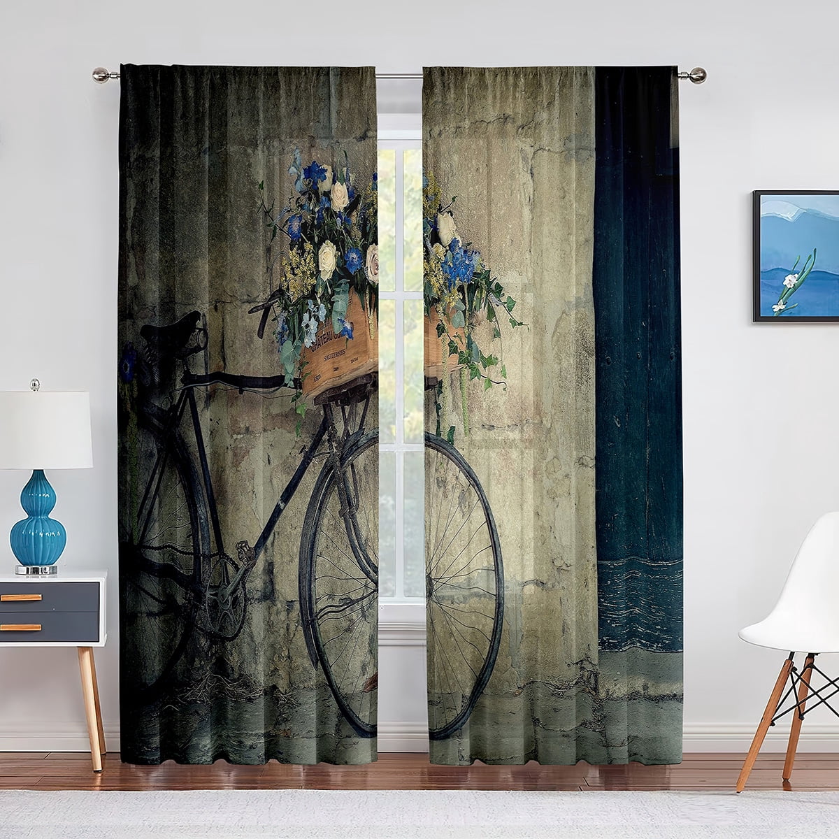 Transparent Rations Vintage Bike Purple Flowers Tulle Curtains for Living Room Bedroom ...