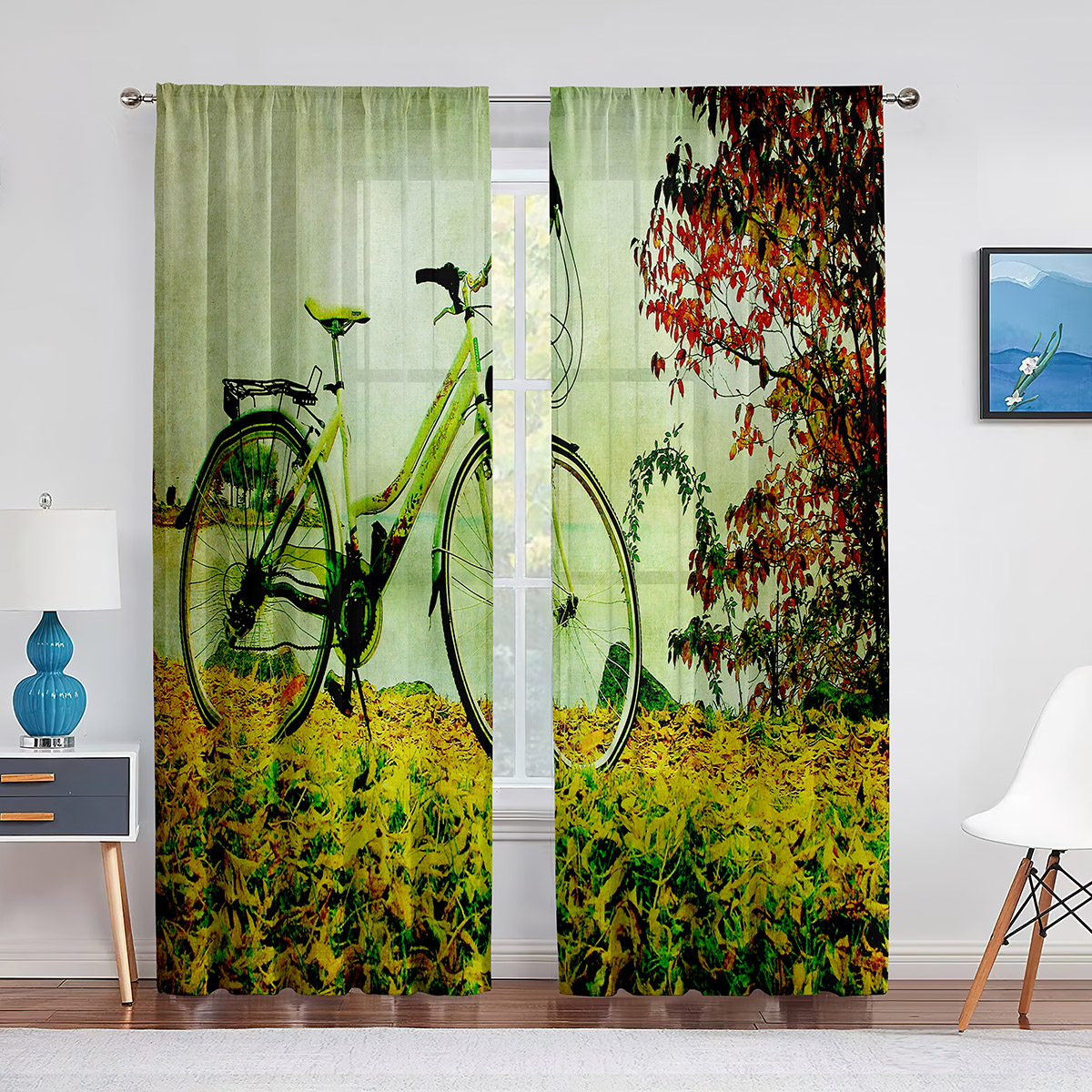 Transparent Rations Vintage Bike Purple Flowers Tulle Curtains for Living Room Bedroom ...