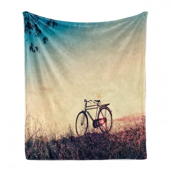 Vintage Bike Soft Flannel Fleece Throw Blanket, Retro Filter Sunset and Bicycle in Pastel Tones Hipster Joyful, Cozy Plush for Indoor and Outdoor Use, 70" x 90", Pale Blue Black Peach, by Ambesonne