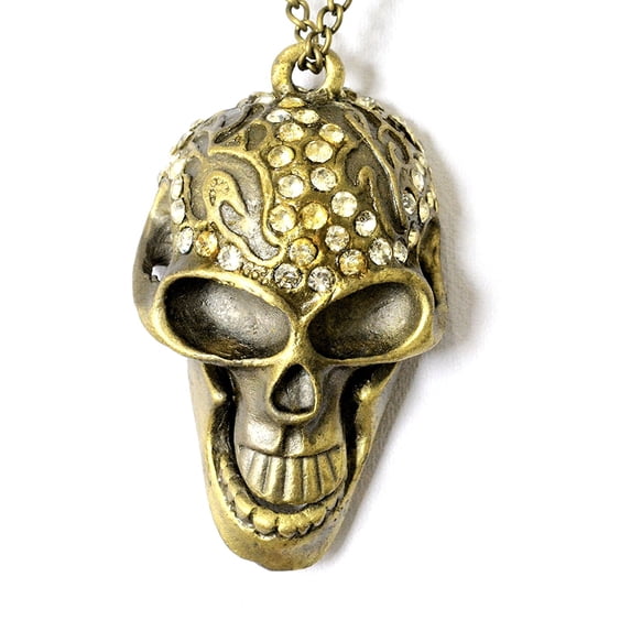 Vintage Biker Punk Bronze Skull Pendant Necklace With Rhinestones - Men Women