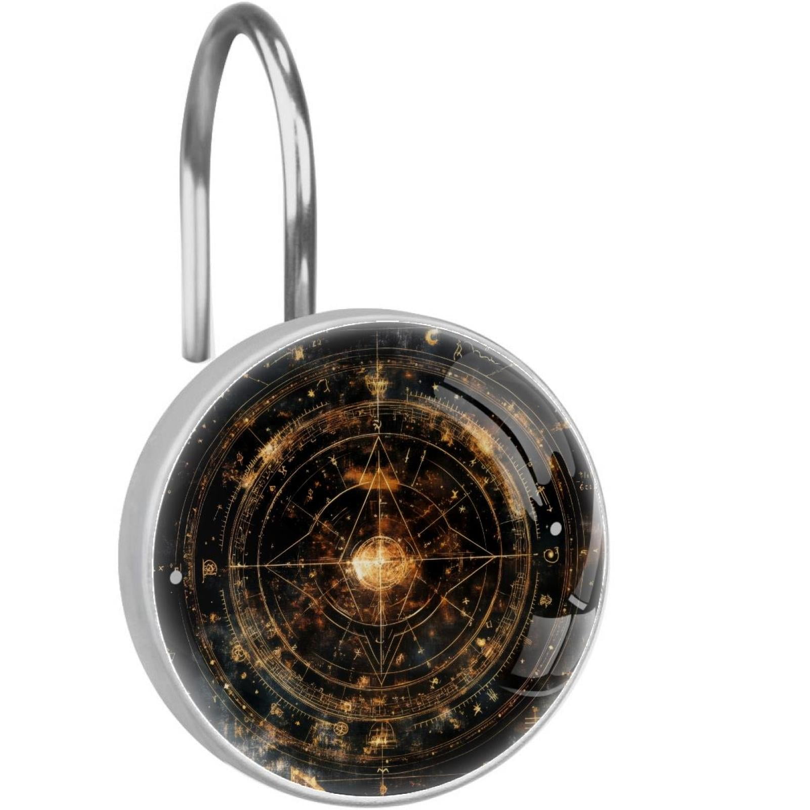 Vintage Bill Cipher Wheel Zodiac Shower Curtain Hooks Round Crystal Glass, Set of 12 Shower Curtain Rings - Shower Hooks for Curtain Shower Rings