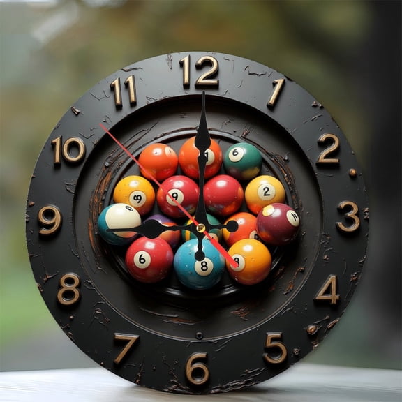 Vintage Billiard Ball Clock Wall Decor 10-Inch Silent Wooden Wall Clock, Battery Operated (AA Batteries Not Included), Artistic Home Decor