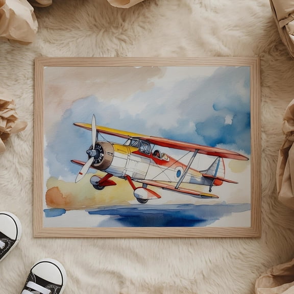 Vintage Biplane Illustration Wall Art Retro Airplane Nursery Decor Antique Aircraft Unframed Paper Print