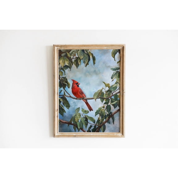 Vintage Bird Art Print, Cardinal Farmhouse Wall Decor, Spring Bird Tree Wall Decor, Summer Landscape Blue Sky , Animal Poster Decor, Size 16x24 UNFFRAMED F03.1.8l1220