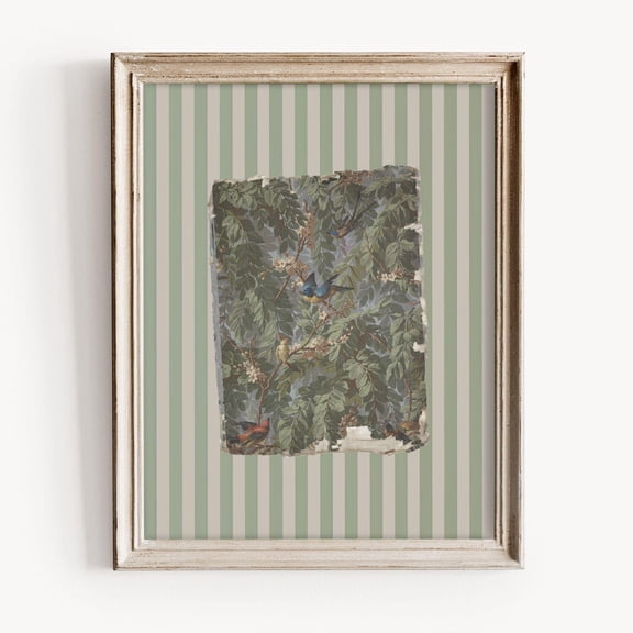 Vintage Bird Botanical Print, Sage Green Striped Background, Distressed Ripped Paper Art, Rustic Nature Wall Decor, Antique Bird Wall Art Home Decor #1327, Unframed Canvas Size 16x24