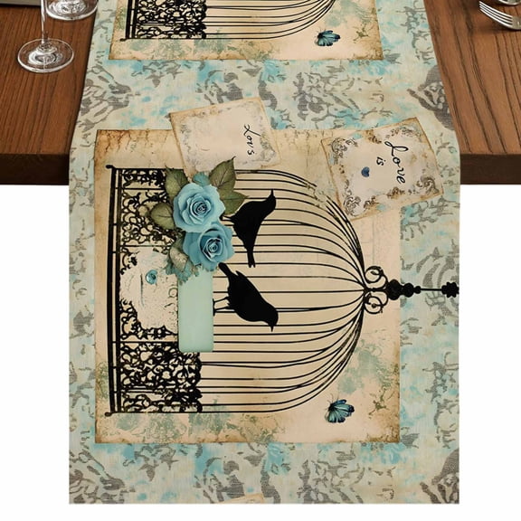 Vintage Bird Cage 36 Inch Table Runner, Retro Floral Pattern Farmhouse Dresser Scarf Cotton & Linen Tablerunner for Dining/Kitchen Island/Holiday Party Décor Small 13" x 36"