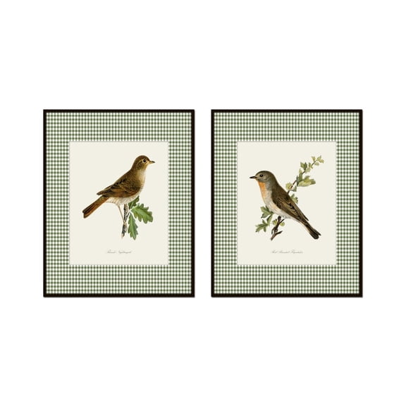Vintage Bird Collage Set Wall Art Print With Chinoiserie Gingham And Cottage Decor