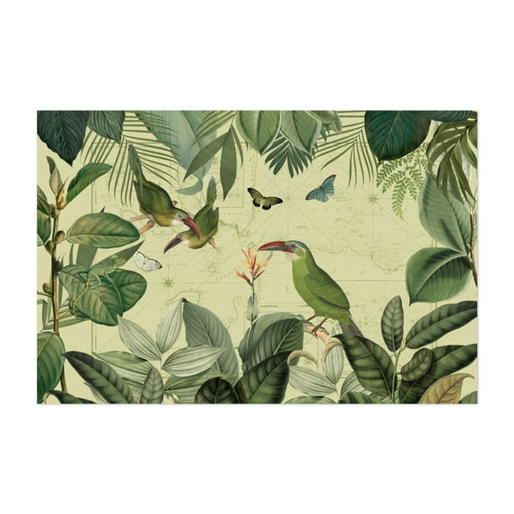 Vintage Bird Enchantment Tropical Jungle - Illustration Botanical Tropical Bird Floral Nature Vintage Jungle Unframed Wall Art Print 32 x 48 inches