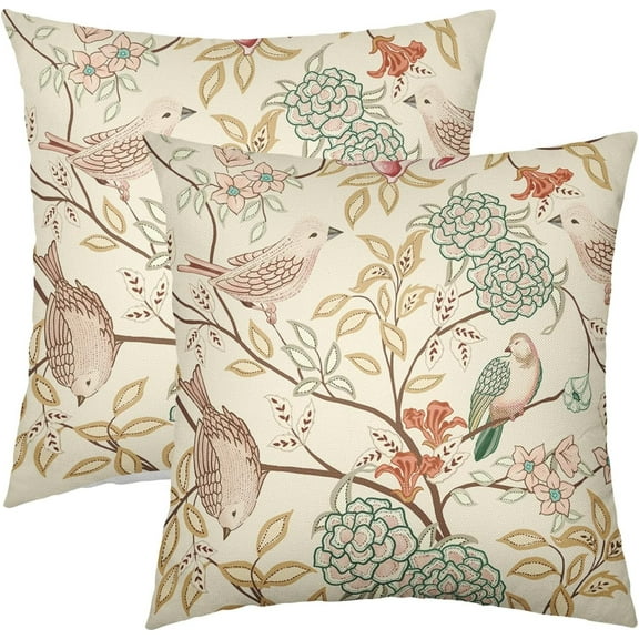 Vintage Bird Floral Pillow Covers 20x20 Inch Set of 2 Pink Green Yellow Flower Leaves Decorative Throw Pillows For Couch Chinoiserie Pillow Cases Farmhouse Home Decor For Sofa Bed Porch Outdoor