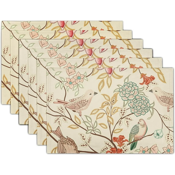 Vintage Bird Floral Placemats for Dining Table Pink Green Yellow Flower Leaves Decorative Heat-Resistant Washable Linen Chinoiserie Retro Farmhouse Table Mats 12x18 Inch for Home Kitchen Use Set of 6