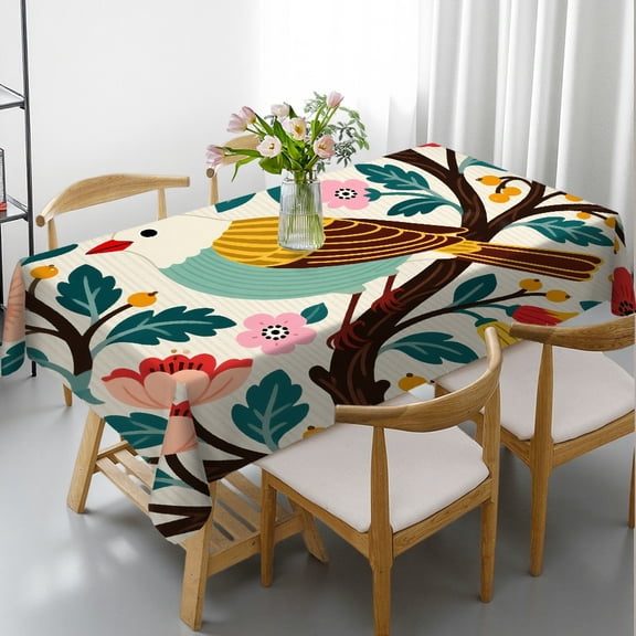 Vintage Bird Floral Rectangular Tablecloth, Polyester Tablecloths - 2D Flat Printing Tablecloths for dining table, Cafe, dinner, picnic,