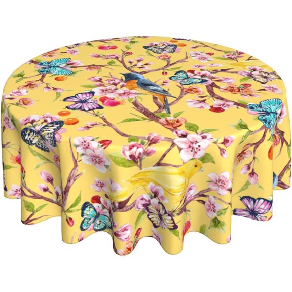 Vintage Bird Floral Round Tablecloth Washable Reusable Decoration Table Cover for Kitchen Party 60"
