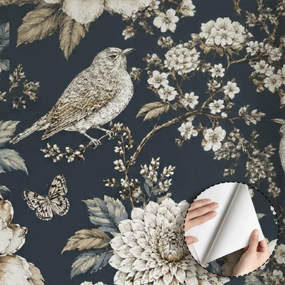 Vintage Bird and Floral Wallpaper, Rustic Boho Floral peel and stick wallpaper, waterproof, Home Decor for Living Room, Bedroom, Bathroom, Kitchen Cabinet, Dorm Room [17.7 * 118 in]