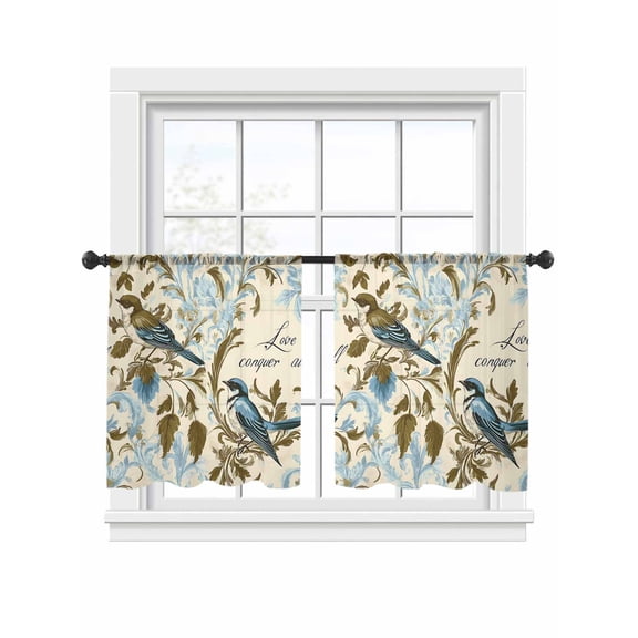 Vintage Bird Flower Sheer Curtains 2 Panels Set Watercolor Green Blue Floral Sheer Window Curtains Light Filtering Rod Pocket Voile Drapes for Bedroom Living Room 52"x45"