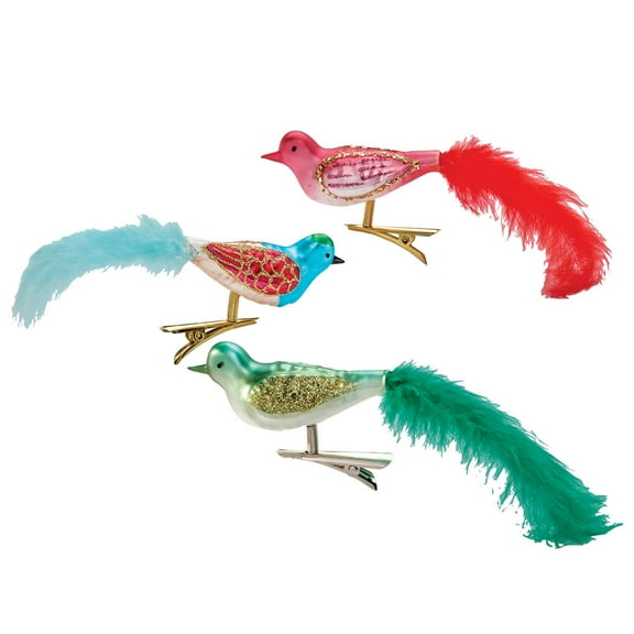 Holiday Peak Vintage Glass Bird Clip-On Ornaments, Set of 3 in Assorted Colors with Feather Accents