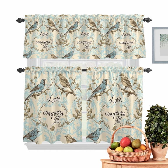 Vintage Bird Kitchen Curtains Valances 3 Piece Set, Love Floral Teal Blue Watercolor Rod Pocket Tier Curtain and Valance Drapes for Small Window 24 Inch Length for Bedroom Cafe