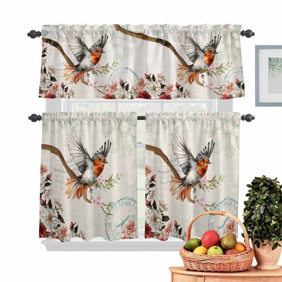 Vintage Bird Kitchen Curtains Valances 3 Piece Set, Spring Summer Retro Peony Floral Tree Branch Rod Pocket Tier Curtain and Valance Drapes for Small Window 24 Inch Length for Bedroom Cafe