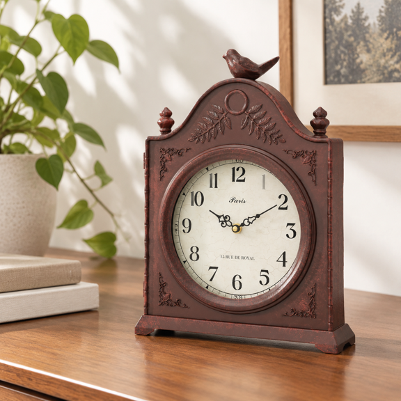 Vintage Bird Mantel Clock with Concealed Safe, Antique Brown, 13.98 x 10.43 x 4.80 Inches