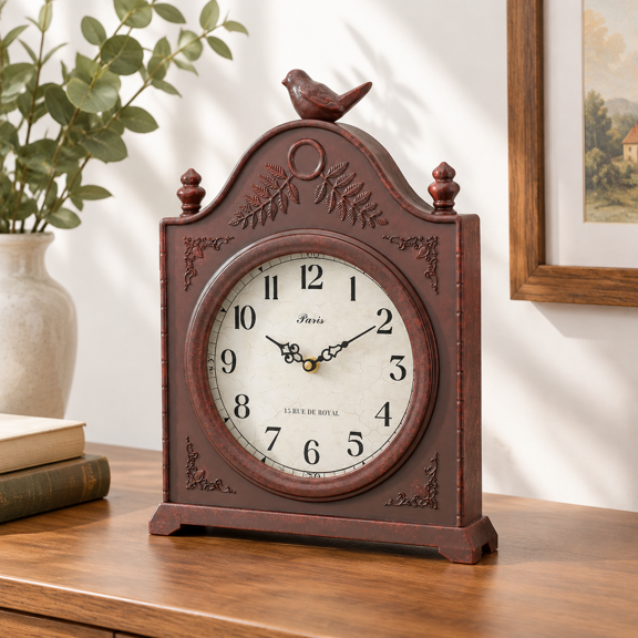 Vintage Bird Mantel Clock with Concealed Safe, Antique Brown, 13.98 x 10.43 x 4.80 Inches