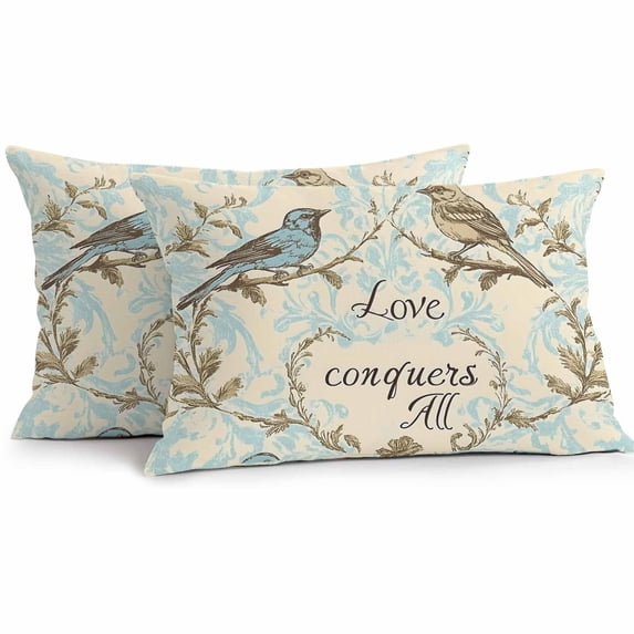 Vintage Bird Outdoor Pillow Covers Pack of 2 Love Floral Teal Blue Watercolor Waterproof Throw Pillow Covers Decorative Cushion Cases for Patio Garden Tent Balcony Couch 20x12 inch