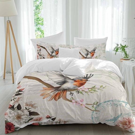 Vintage Bird Queen Size Comforter Set, Spring Summer Retro Peony Floral Tree Branch Bedding for All Seasons, 4 Pcs Bed Set, 1Quiltcover (90"x92") ,1Sheet(94"x116"), 2Pillowcases (30"x20")