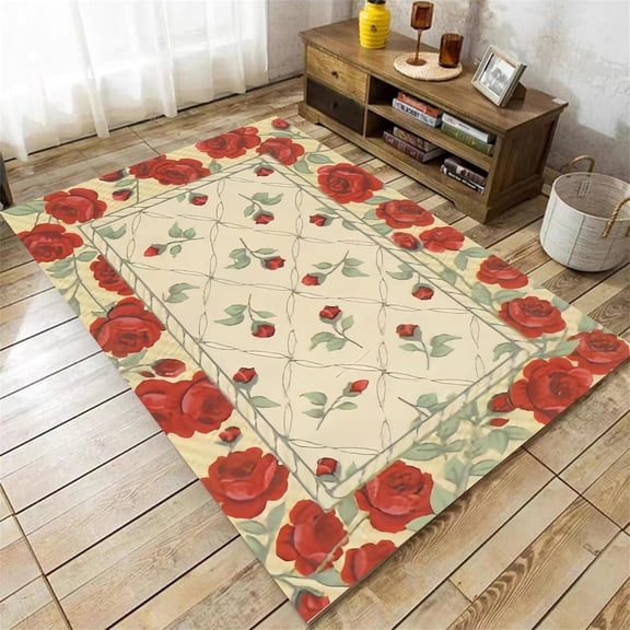Vintage Bird With Red Rose Large Area Rug,Soft Non Slip Door Mats, Floral Plants Washable Floor Carpets For Bedroom Dining Room Bathroom Study Nursery Dorm Indoor Home Decor 4x5ft