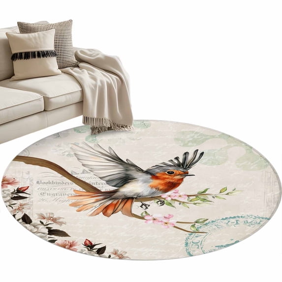 Vintage Bird Round Area&nbsp;Rug 3.3ft Spring Summer Retro Peony Floral Tree Branch Non-Slip&nbsp;Washable Circle Rugs Soft Felt Indoor Floor Mat for Bedroom Kitchen Living Room Bathroom