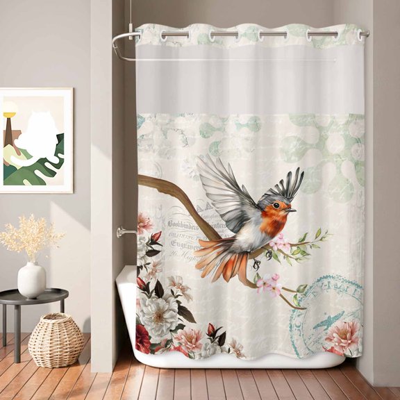 Vintage Bird Shower Curtain, Spring Summer Retro Peony Floral Tree Branch Waterproof No Hooks Bath Shower Curtain with See Through Top Window for Bathroom Bathtub 72x96in