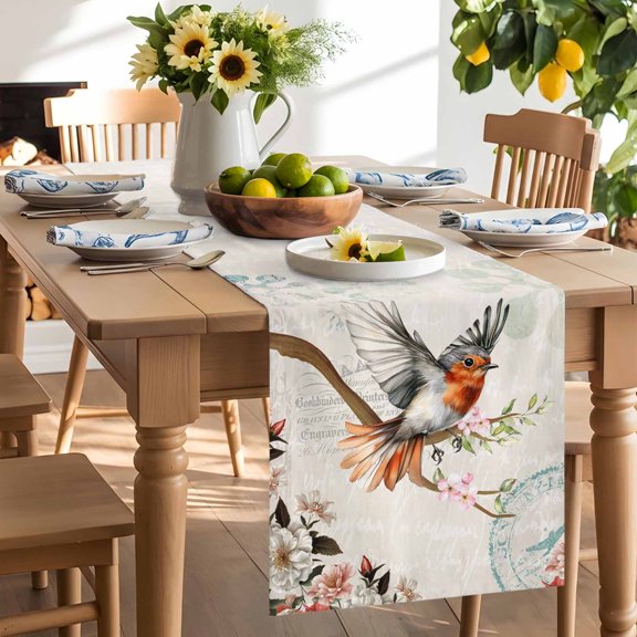 Vintage Bird Table Runner, Spring Summer Retro Peony Floral Tree Branch Washable Kitchen Table Runners Dress Scarves for Dining Table Decorations Party/Restaurant/Indoor Outdoor Use, 13x36in