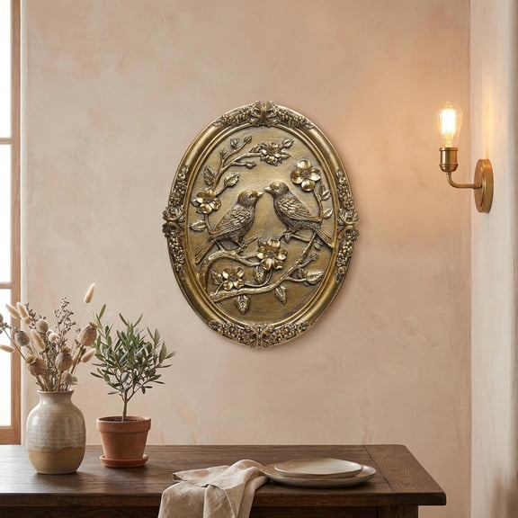 Vintage Bird Wall Decor Resin Plaque, Gold Bird Relief Wall Art with Oval Frame, Antique Style Hanging Wall Sculpture for Living Room, Bedroom, Dining Room, 8.2"x10.2"