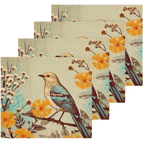 Vintage Bird Washcloths, Soft and Absorbent Cotton Towel, 4 Pack 12 X 12 Inches Premium Quick Dry Face Towel Wash cloth