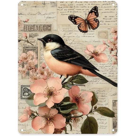 Vintage Bird and Blossoms Metal Tin Sign, Shabby Chic Wall Art Home Decor, Tinplate Plaque, Cottage and Nature Theme, 8 x 12 Inch