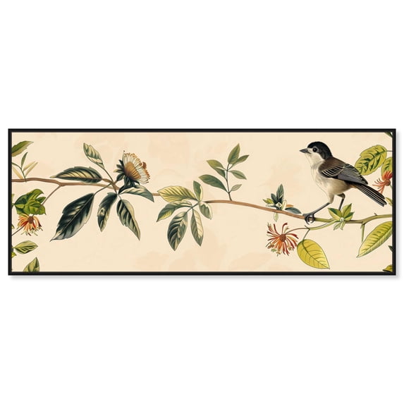 Vintage Bird and Floral II Panoramic Canvas Botanical Wall Decor by Art Remedy, Black Frame, 54x20